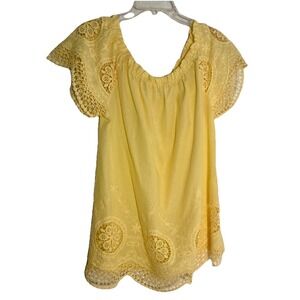 FYVE Boho Yellow Lace Top Embroidered Crochet Scallop Hem Peasant Blouse Boho